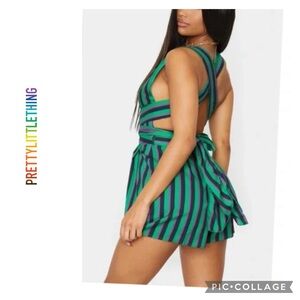 PRETTYLITTLETHING GREEN STRIPE TIE BACK ROMPER USA VACAY